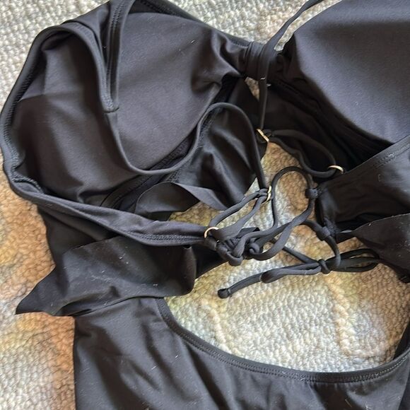 Land's End plus size one piece swim Tie front and back ruffle cut out black L - Picture 3 of 5